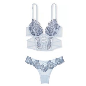 VS DREAM ANGELS Boho embroidered floral bra top & Brazilian panty set blue